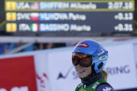 United States' Mikaela Shiffrin reacts after winning an alpine ski, women's World Cup giant slalom, in Semmering, Austria, Tuesday, Dec. 27, 2022. (AP Photo/Giovanni Auletta)
