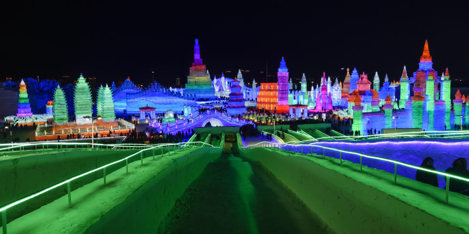 Tourists visit illuminated ice sculptures during the opening day of 35th Harbin International Ice and Snow Festival at the Harbin Ice and Snow World on Jan. 5, 2019 in Harbin, Heilongjiang Province of China. (Photo: VCG/VCG via Getty Images)