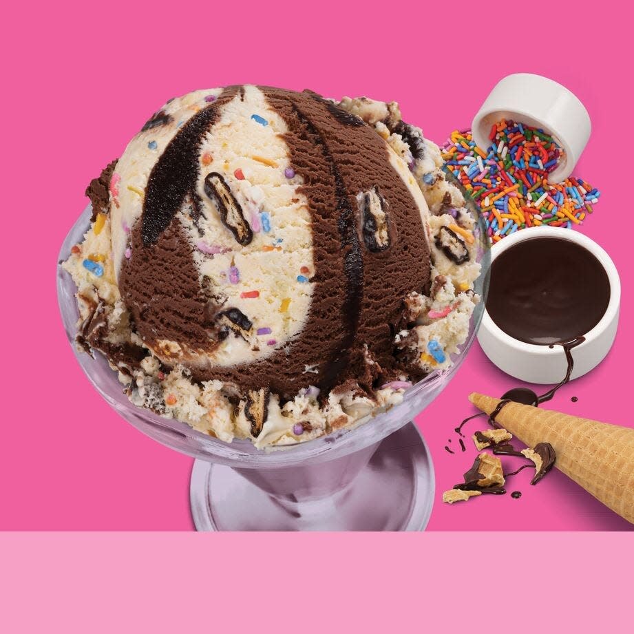 Baskin-Robbins's new Flavor of the Month of July, which is also National Ice Cream Month, is Sundae Funday: vanilla and chocolate ice creams mixed with fudge swirls, crunchy chocolate dipped waffle cone pieces and rainbow sprinkles