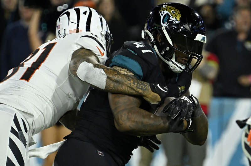 Jacksonville Jaguars linebacker Josh Allen (R) agreed to a contract extension this off-season. File Photo by Joe Marino/UPI