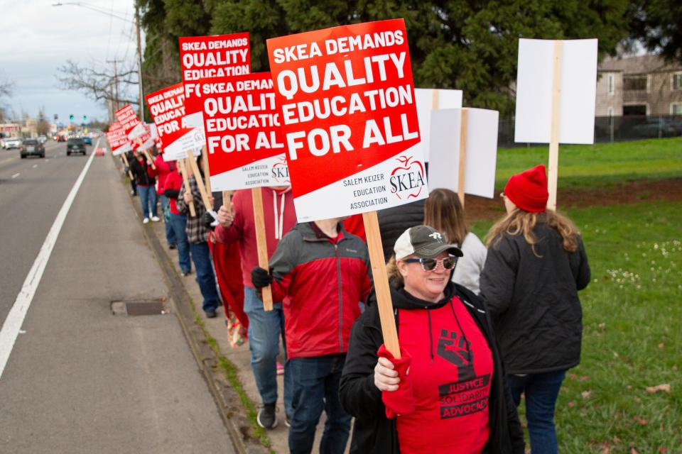 Members of SKEA, which represents about 2,300 teachers and other educators in the Salem-Keizer School District, held a practice picket Wednesday.