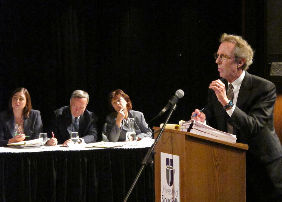 Frederick Addison, a lawyer with Hyperion Energy Center, speaks to the South Dakota Supreme Court during a hearing on Wednesday, Oct. 3, 2012 at the Jeschke Fine Arts Center at the University of South Dakota in Sioux Falls, S.D. (AP Photo/Argus Leader, Jay Pickthorn)