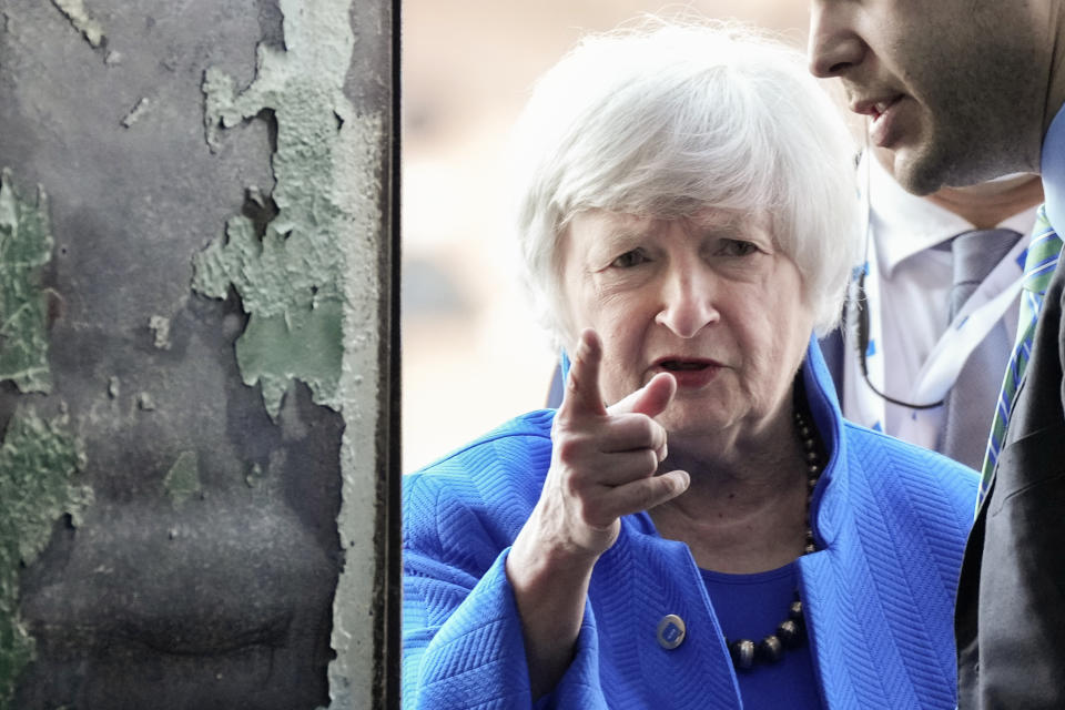 United States Secretary of the Treasury Janet Yellen speaks arrives to attend a press conference at a G20 Economy and Finance ministers and Central bank governors' meeting in Venice, Italy, Sunday, July 11, 2021. (AP Photo/Luca Bruno)