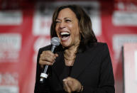 FILE - In this Nov. 8, 2019, file photo, then-Democratic presidential candidate Sen. Kamala Harris, D-Calif., reacts as she speaks at a town hall event at the Culinary Workers Union in Las Vegas. Democratic presidential candidate former Vice President Joe Biden has chosen Harris as his running mate. (AP Photo/John Locher, File)