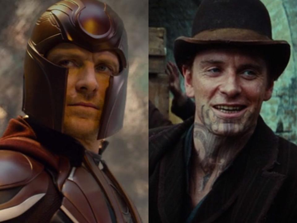 On the left: Michael Fassbender as Erik Lehnsherr/Magento in "X-Men: Apocalypse." On the right: Fassbender as Burke in "Jonah Hex."