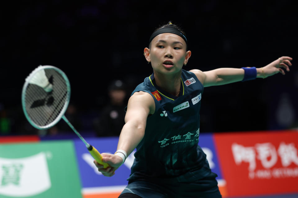 NINGBO, CHINA - APRIL 10: Tai TzuYing of Chinese Taipei competes against Lo Sin Yan Happy of Hongkong the Women's Singles round 32 during 2024 BAC Badminton Asia Championships at Ningbo Olympic Sports Centre on April 10, 2024 in Ningbo, China. (Photo by Fred Lee/Getty Images)