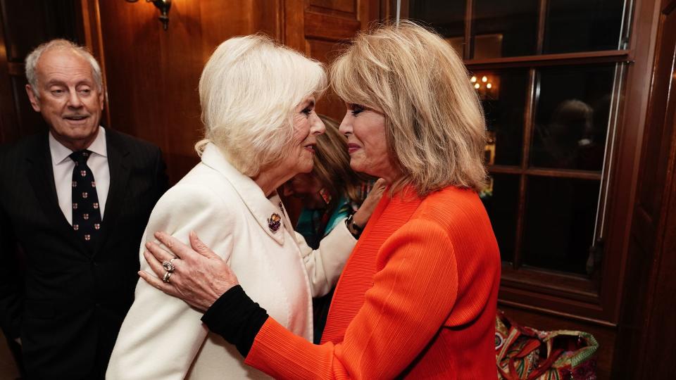 Queen Camilla seen greeting Joanna Lumley