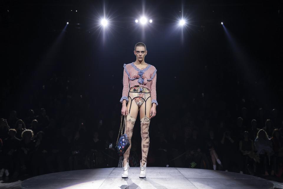 A model wears a creation for the Vivienne Westwood ready-to-wear Spring/Summer 2023 fashion collection presented Saturday, Oct. 1, 2022 in Paris. (Photo by Vianney Le Caer/Invision/AP)