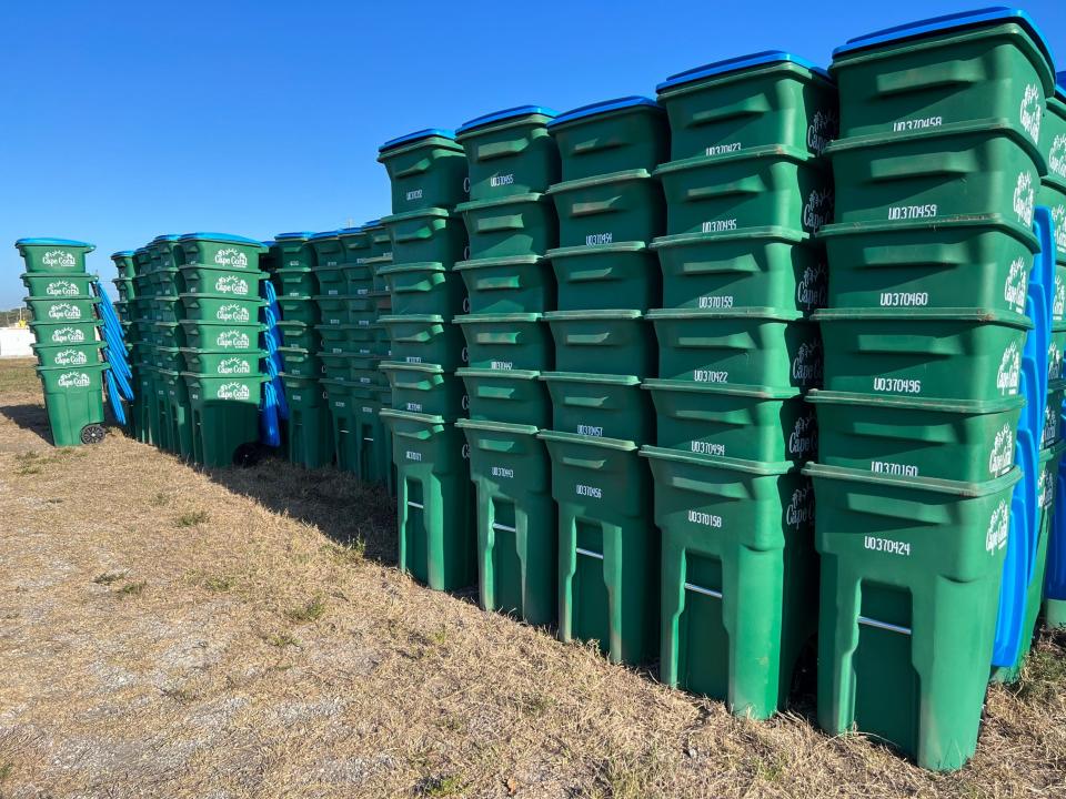 Several of the 1,000 garbage bins Cape Coral will deliver to residents. April, 04, 2023.