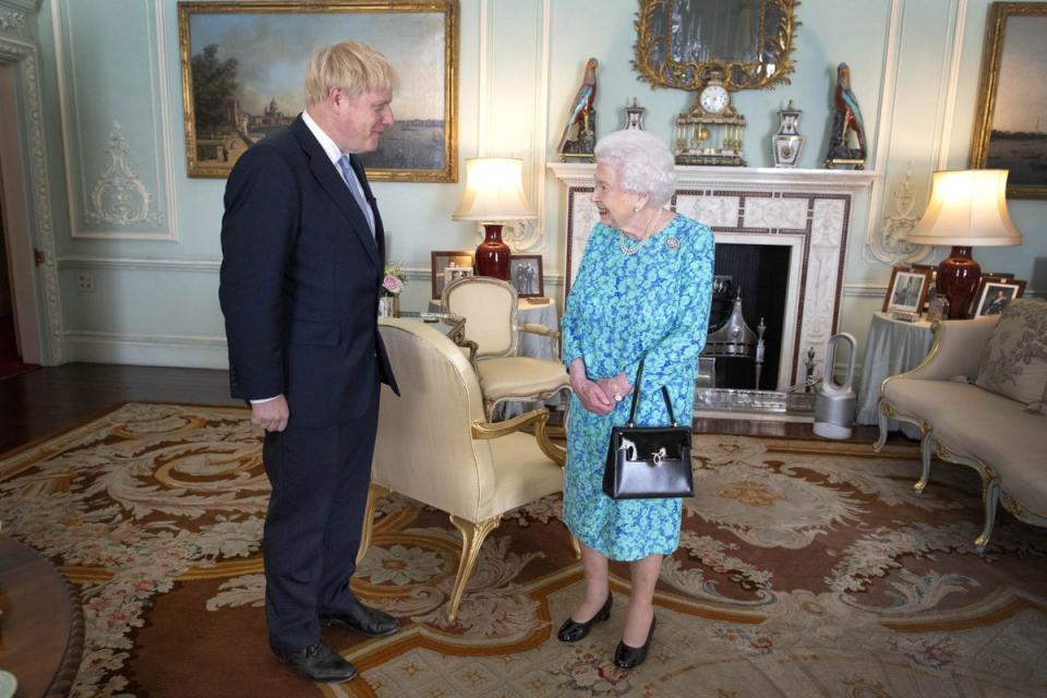 The Queen welcoming newly elected leader of the Conservative party Boris Johnson during an audience in Buckingham Palace, London (Victoria Jones/PA) (PA Wire)