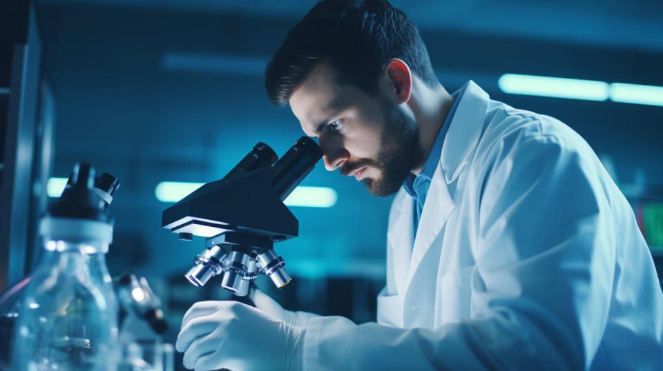 A medical doctor observing a microscope in a lab, researching innovative therapies.