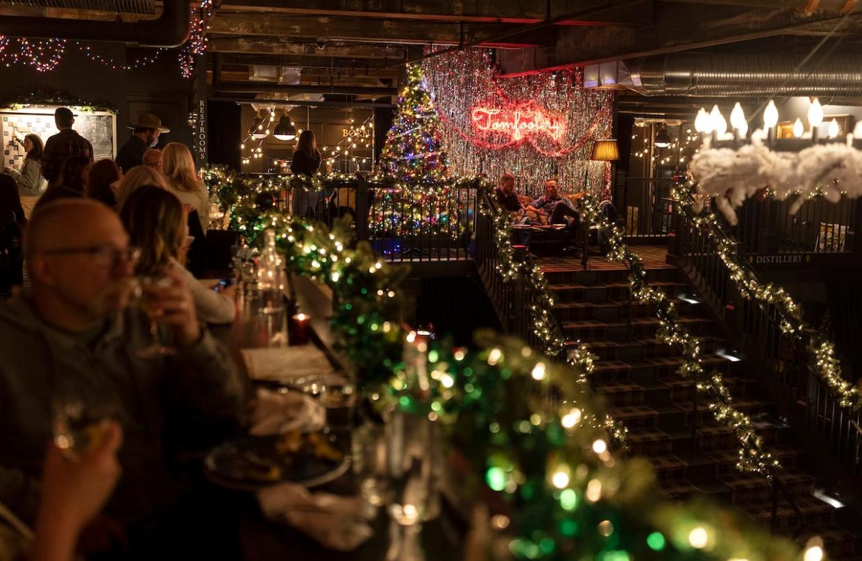 Batson River, a brewery and distillery in Portland, decorated with festive lights during the holiday season in December 2021.