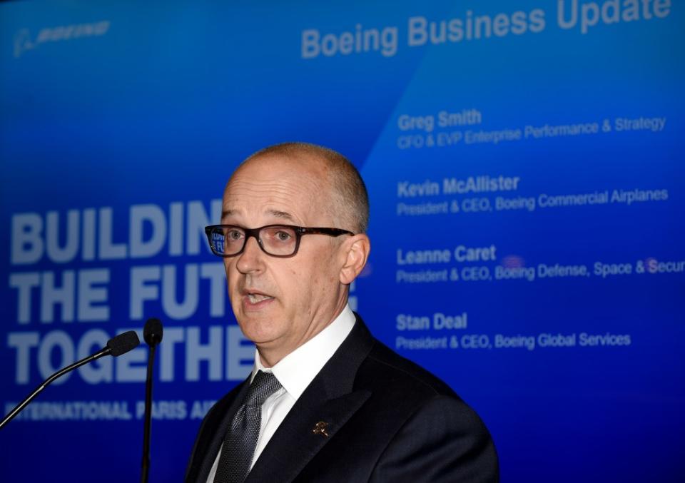 Boeing Chief Financial Officer Greg Smith addresses a "Boeing Business Update" press conference on the first day of the International Paris Air Show on June 17, 2019 at Le Bourget Airport, near Paris. (Photo by ERIC PIERMONT / AFP) (Photo credit should read ERIC PIERMONT/AFP via Getty Images)