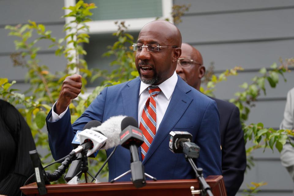 U.S. Senator Rev. Raphael Warnock announces a new package of housing legislation on August 24, 2022 during a visit to Garden City, Georgia.