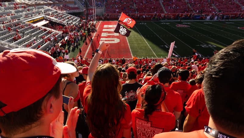 The Utah student section cheers during the season opener against Florida at Rice-Eccles Stadium in Salt Lake City on Thursday, Aug. 31, 2023.
