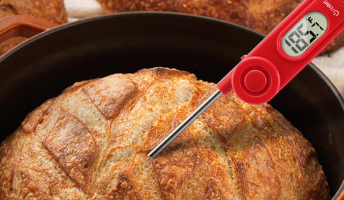 thermopro meat thermometer taking the temperature of bread