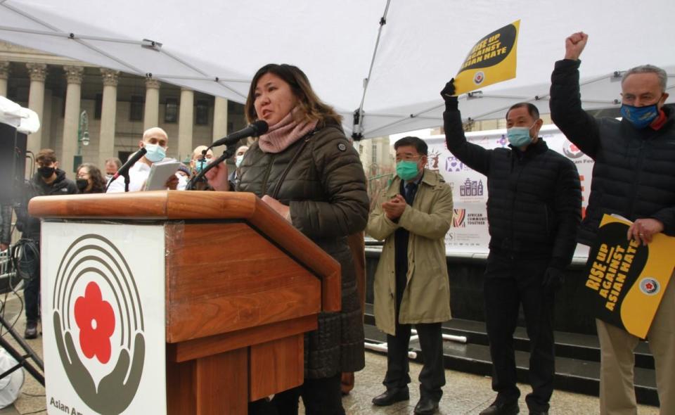 Representative Grace Meng speaks at Saturday's rally. / Credit: Anokha Venugopal / Asian American Federation