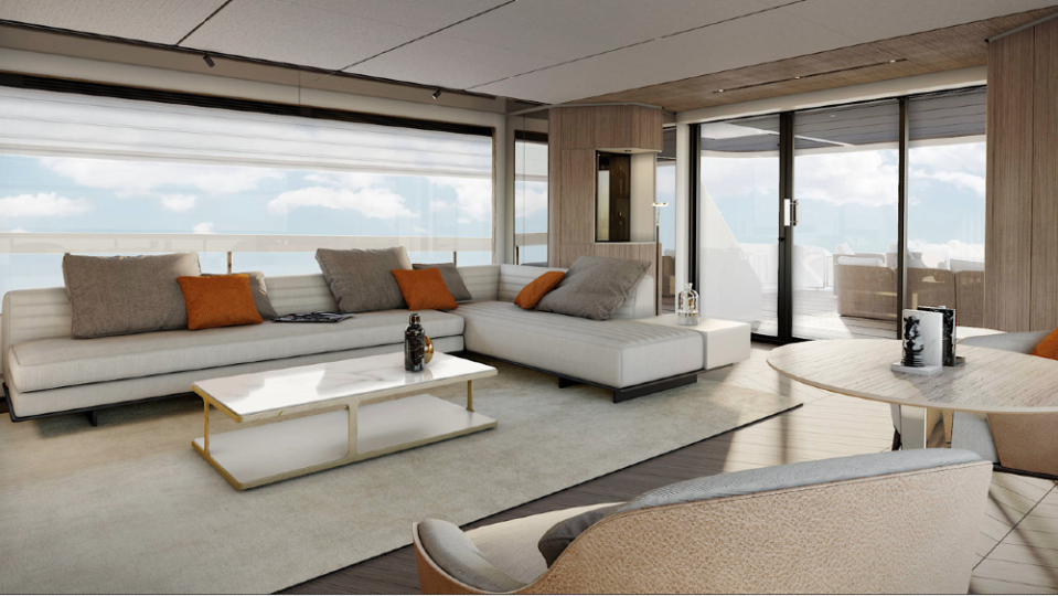 The Ferretti InFYnito 90 superyacht has some novel designs like a covered but open bow area. 