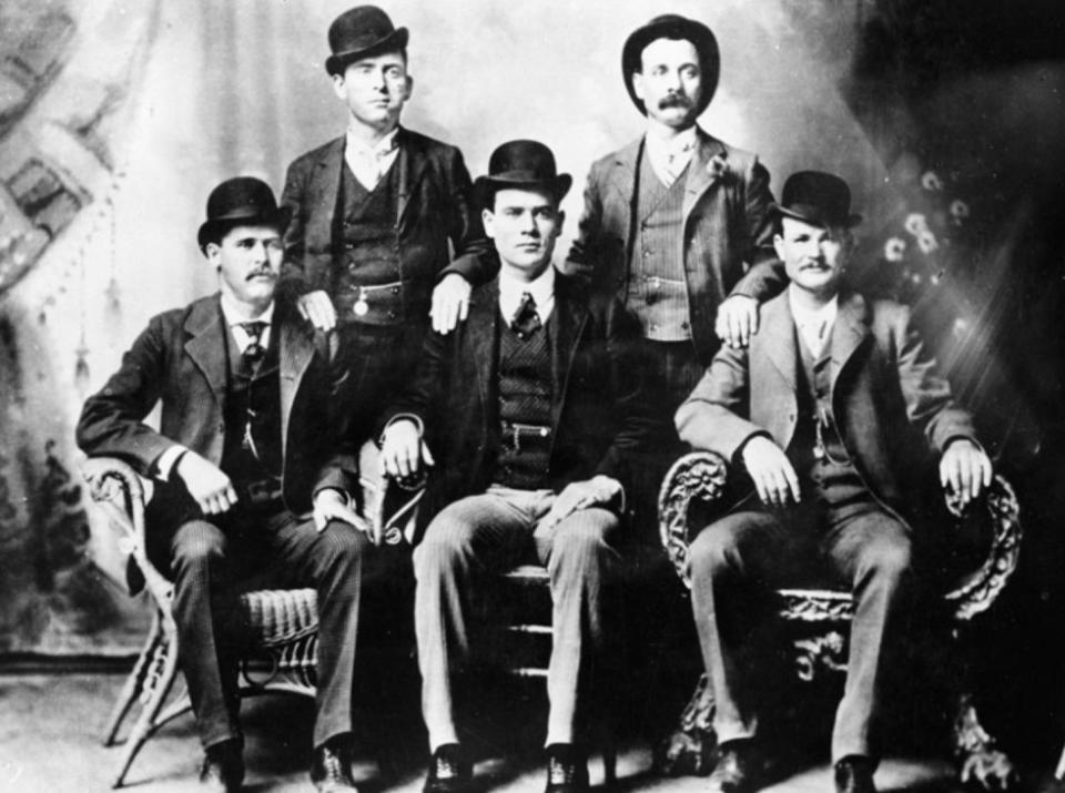 Butch Cassidy, front right corner, along with members of the "Wild Bunch" pose for a photo in 1900.