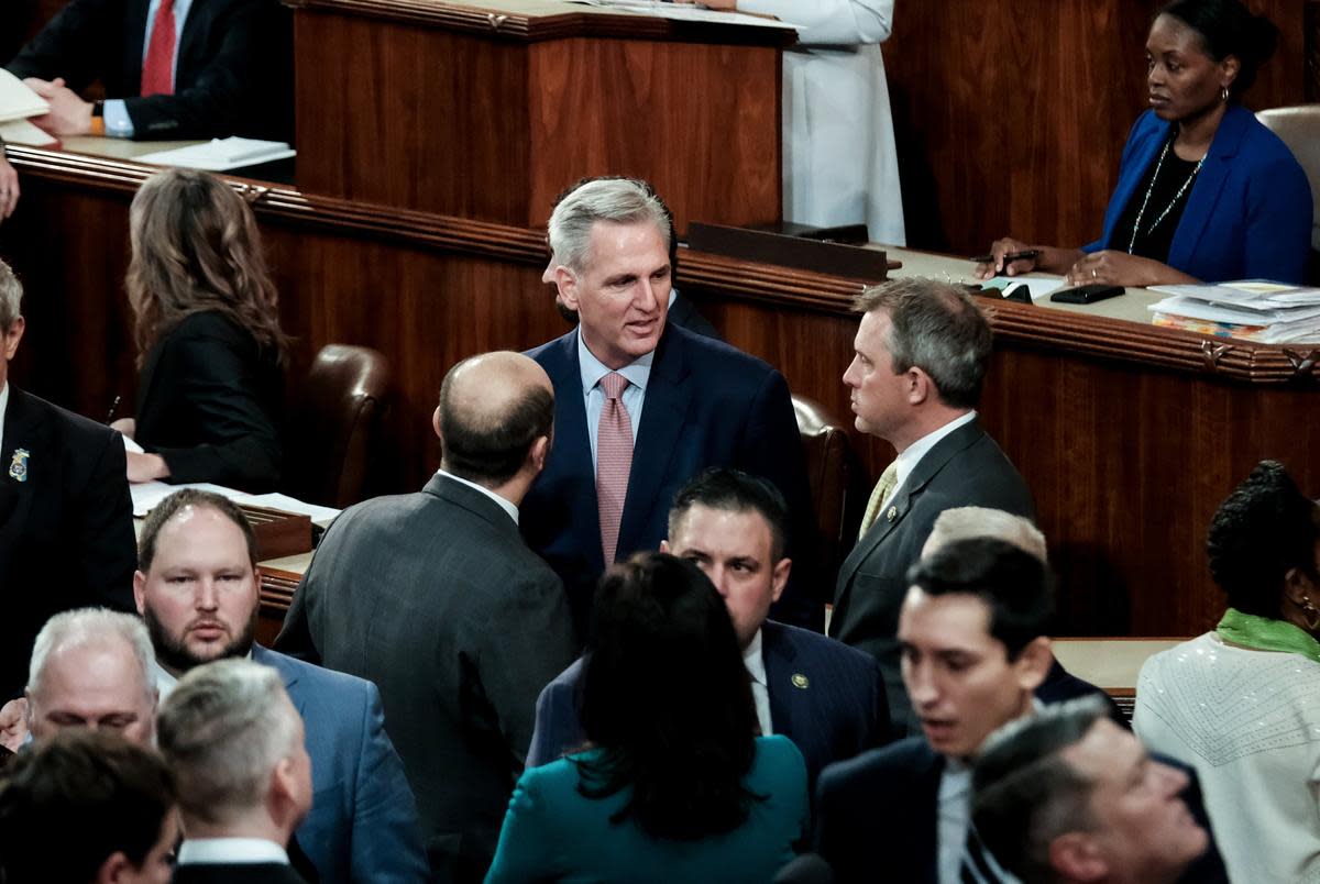 Rep. Kevin McCarthy is seen on the House floor on the first day of the 118th Congress on Tuesday in Washington, D.C. The House adjourned without a speaker voted in. (Michael A. McCoy for The Texas Tribune)