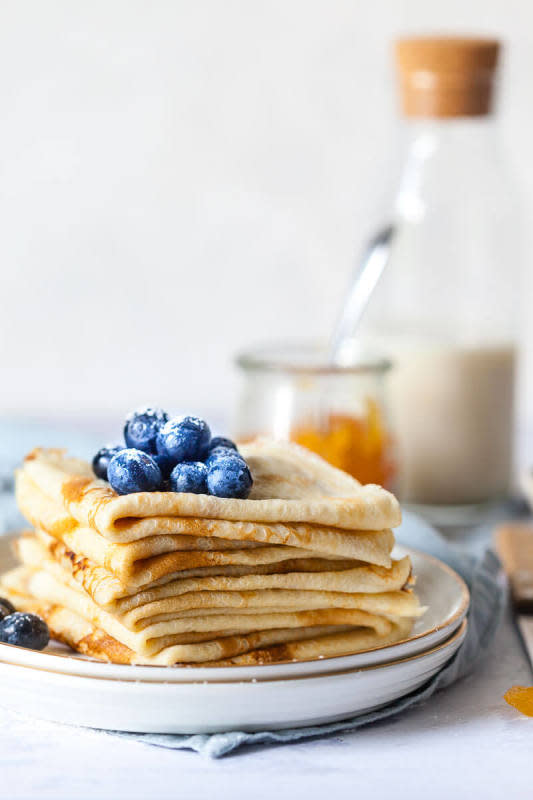 <p>Vibrant Plate</p><p>Easy and delicious homemade dairy-free crepes are made with eggs, flour, plant-based milk, and a dash of sugar. No dairy or lactose.</p><p><strong>Get the recipe: <a href="https://www.vibrantplate.com/easy-homemade-dairy-free-crepes/" rel="nofollow noopener" target="_blank" data-ylk="slk:Homemade Dairy-Free Crepes;elm:context_link;itc:0;sec:content-canvas" class="link ">Homemade Dairy-Free Crepes</a></strong></p>