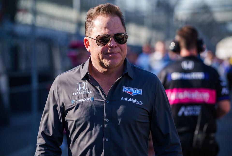 Mike Shank, co-owner of the Meyer Shank Racing team walks along pit lane Friday, May 13, 2022, prior to the first practice session for the GMR Grand Prix at Indianapolis Motor Speedway.