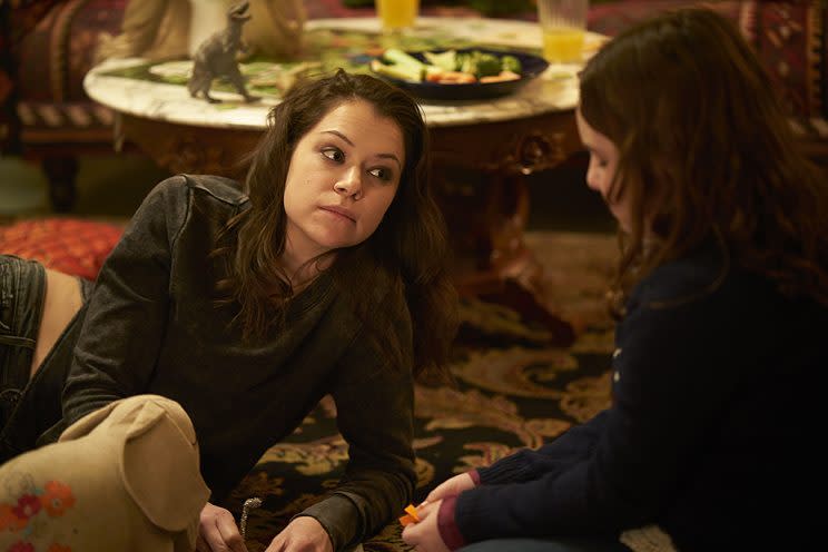 Maslany as Sarah Manning and Skyler Wexler as Kira in ‘Orphan Black.’ (Photo Credit: Ken Woroner/BBC America)