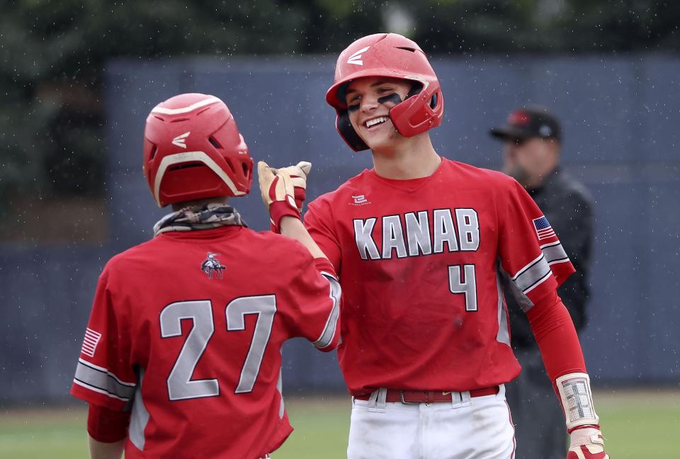 Kanab’s Griffin Bone (4) shown here in the 2A state championship at Larry H. Miller Field at <a class="link " href="https://sports.yahoo.com/ncaab/teams/byu/" data-i13n="sec:content-canvas;subsec:anchor_text;elm:context_link" data-ylk="slk:BYU;sec:content-canvas;subsec:anchor_text;elm:context_link;itc:0">BYU</a> in Provo on Saturday, May 13, 2023, helped Kanab win the 2A state championship. | Laura Seitz, Deseret News