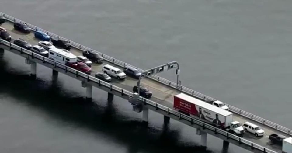 Facebook user Tammy Payne posted these photos from the scene of the multi-vehicle crash that shut down the westbound span of the Chesapeake Bridge on Saturday, Jan. 27, 2024.