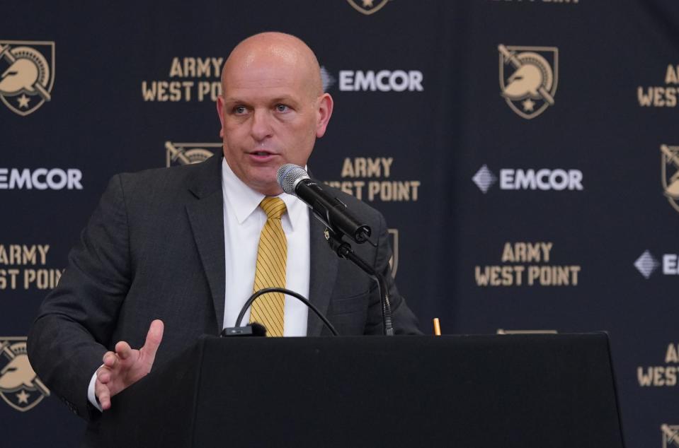 Army West Point men's basketball head coach Kevin Kuwik is introduced during a press conference in the Kimsey Hall Auditorium on the campus of the United States Military Academy at West Point on Thursday, April 13, 2023. 