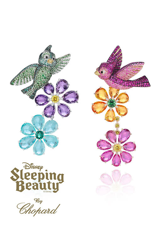 <b>Sleeping Beauty</b><br><br>Princess Aurora’s friendly birds feature in this earring set that incorporates bursts of colour in precious stones. The first a bird includes emeralds and rose-cut amethysts while the other features a warmer colour tone of rubies and pink sapphires. The vibrant earring set is priced at a whopping £179,000.