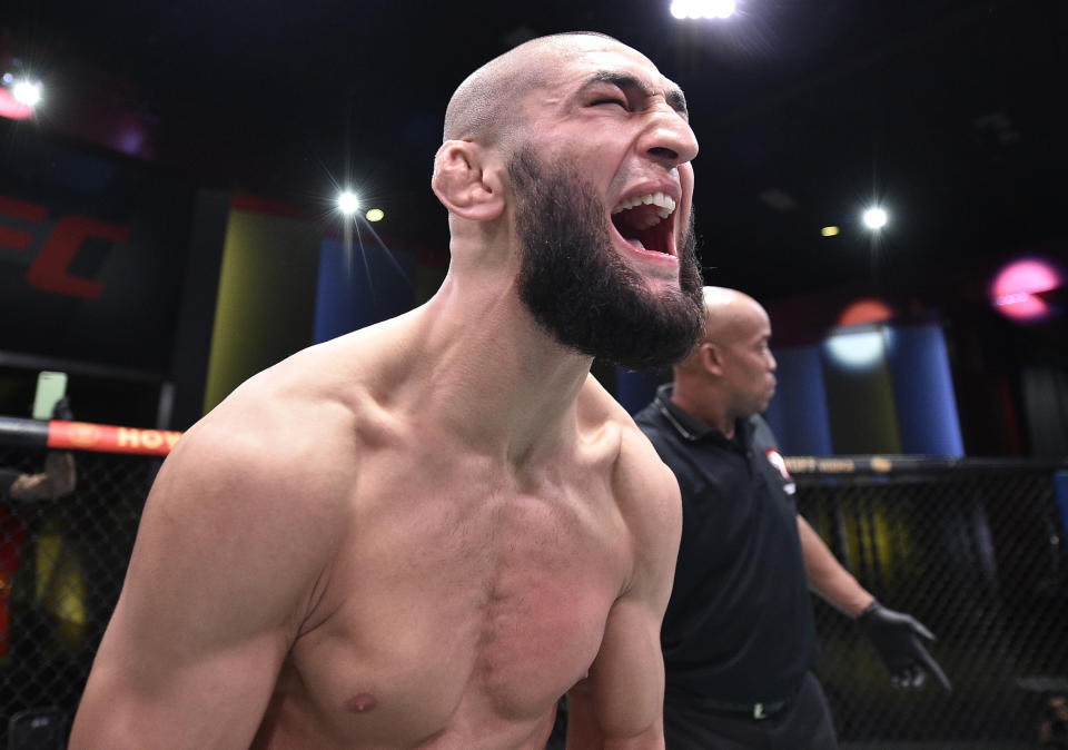 Khamzat Chimaev of Chechnya celebrates after his knockout victory over Gerald Meerschaert.