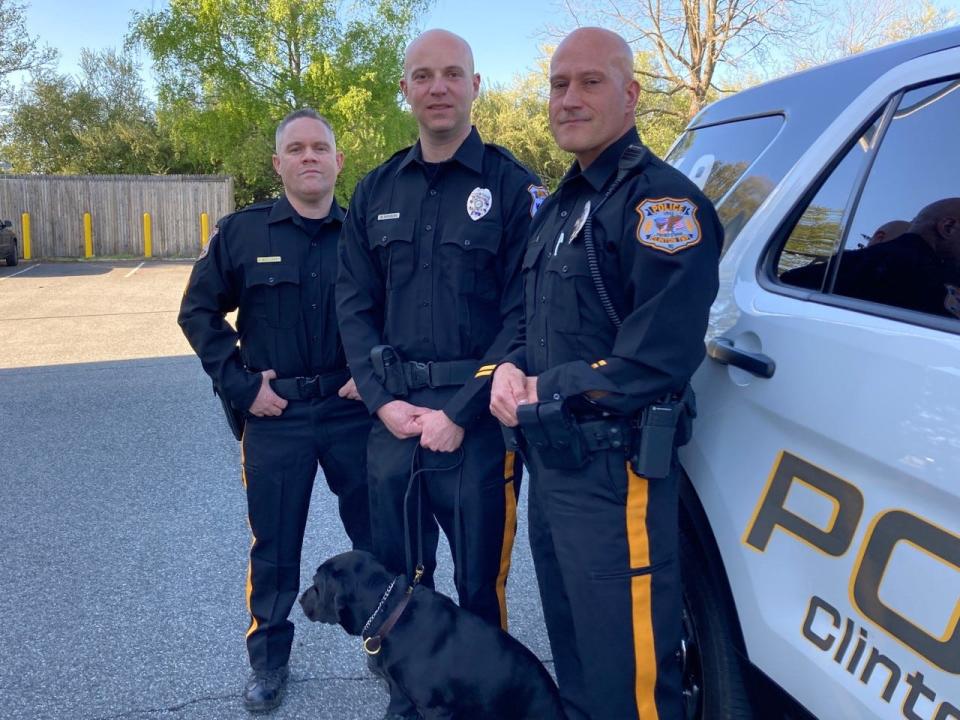 Clinton Township Sgt. Andrew McCluskey, Officer Brian Dickson holding his K-9 partner Uzza, a narcotics detection dog, and Officer Joseph SanGiovanni are being honored May 11 by the 200 Club of Hunterdon County