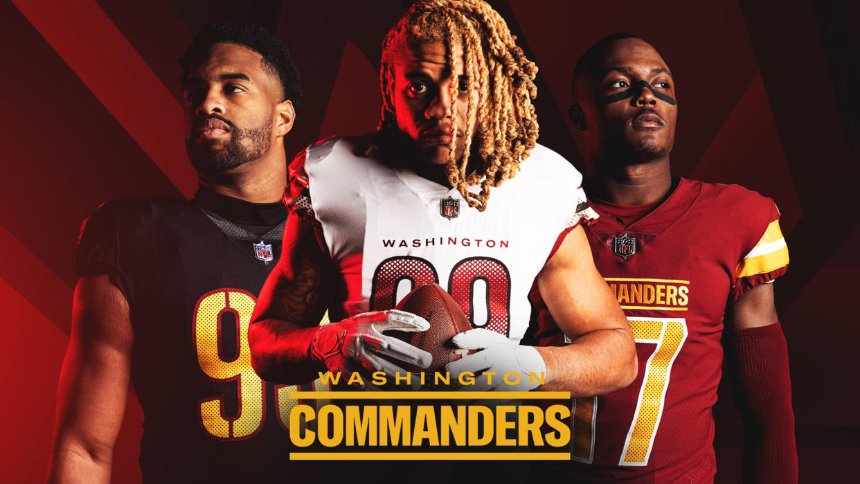 Washington Commanders defensive tackle Jonathan Allen, defensive end Chase Young and wide receiver Terry McLaurin in the team's new uniforms. (Washington Commanders)