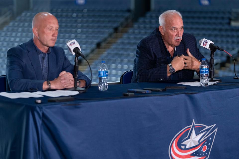 Sep 18, 2023; Columbus, Ohio, USA; General manager Jarmo Kekalainen and team president John Davidson talk about Mike Babcock’s resignation and the hiring of new head coach Pascal Vincent during the Columbus Blue Jackets media day prior to the start of training camp at Nationwide Arena.