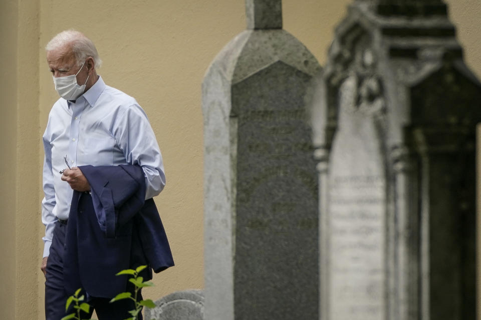 WILMINGTON, DE - SEPTEMBER 13: Democratic presidential nominee Joe Biden departs St. Joseph on the Brandywine Roman Catholic Church after attending Sunday service on September 13, 2020 in Wilmington, Delaware. Biden's oldest son, former Delaware Attorney General Beau Biden, who died of cancer in 2015; and Biden's first wife Neilia Biden and their daughter Naomi, who died in an automobile accident in 1972, are all buried in the church's cemetery. (Photo by Drew Angerer/Getty Images)