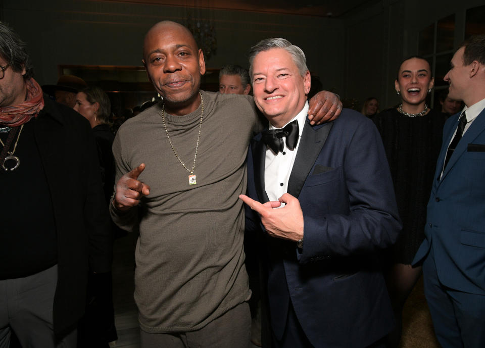 BEVERLY HILLS, CALIFORNIA - JANUARY 07: (L-R) Dave Chappelle and Ted Sarandos, Co-CEO of Netflix, attend Netflix's 2024 Golden Globe After Party at Spago on January 07, 2024 in Beverly Hills, California. (Photo by Charley Gallay/Getty Images for Netflix)