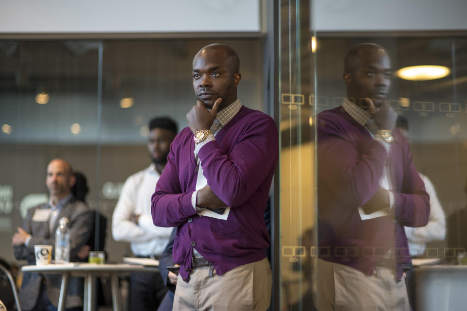 Rudy Cline-Thomas, investment partner of Andre Iguodala, a professional basketball player with the National Basketball Association's (NBA) Golden State Warriors, not pictured, listens to a panel discussion during the The Players Technology Summit in San Francisco, California, U.S., on Tuesday, Aug. 15, 2017. Top leaders in the tech community and venture capital met with professional athletes to exchange ideas and share expertise through panels, discussions and interactive networking to help athletes take control of their careers as business professionals. Photographer: David Paul Morris/Bloomberg via Getty Images