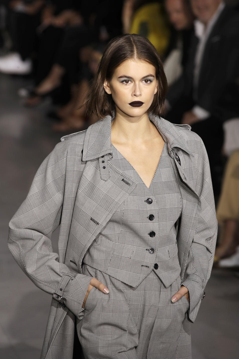 Model Kaia Gerber wears a creation as part of the Max Mara Spring-Summer 2020 collection, unveiled during the fashion week, in Milan, Italy, Thursday, Sept. 19, 2019. (AP Photo/Luca Bruno)