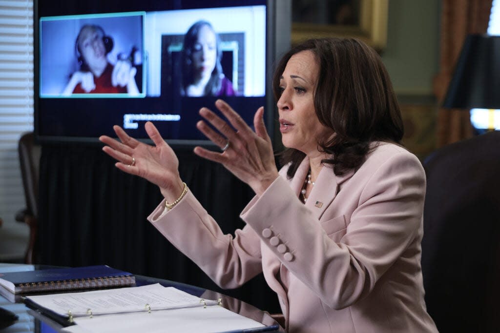 Vice President Kamala Harris delivers remarks at the start of a roundtable discussion on voting rights for people living with disabilities in her ceremonial office in the Eisenhower Executive Office Building on July 14, 2021 in Washington, DC. “If we are truly a democracy, it means we have a representative government that reflects the experience and life of all the people in the country and I think we have a lot more work to do,” Harris said. (Photo by Chip Somodevilla/Getty Images)