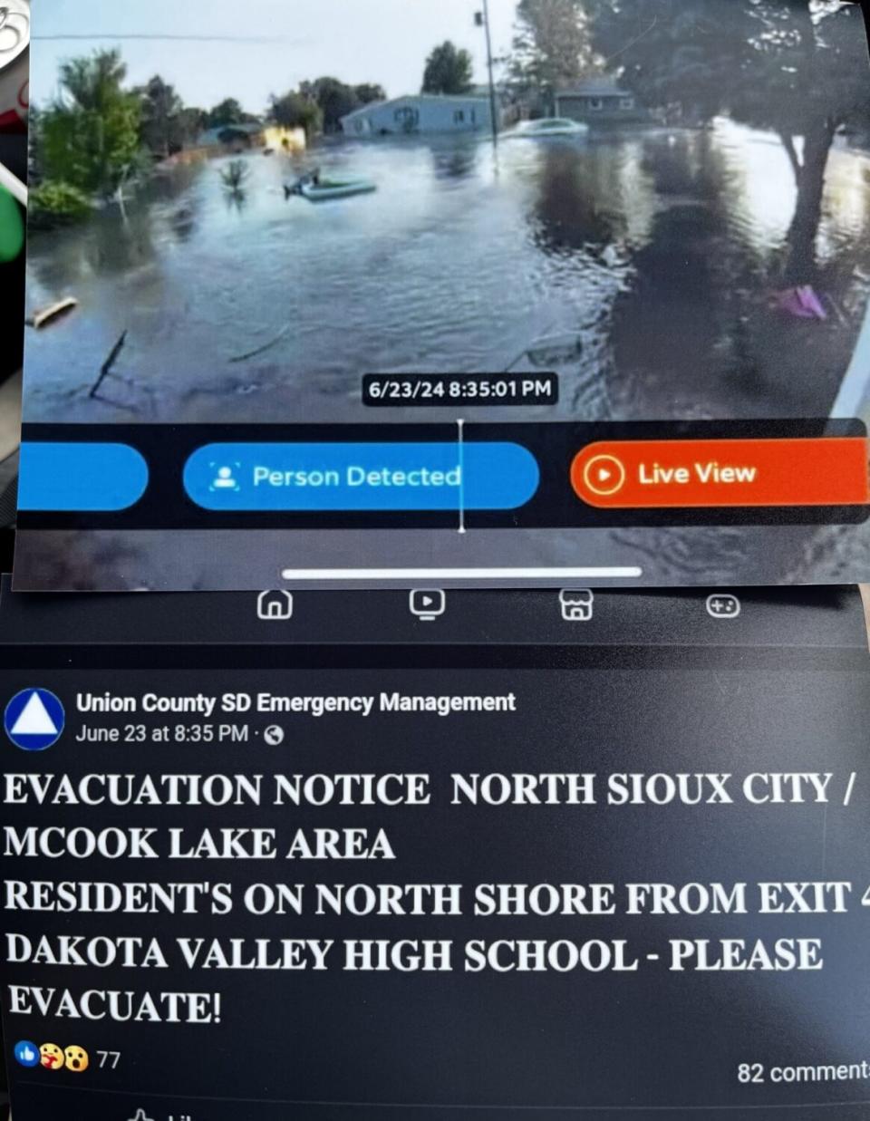 A Ring Doorbell image from Morgan Speichinger's home near McCook Lake shows how severe flooding was by the time the Union County Emergency Management Office issued an urgent evacuation message on Facebook. (Images courtesy of Morgan Speichinger)