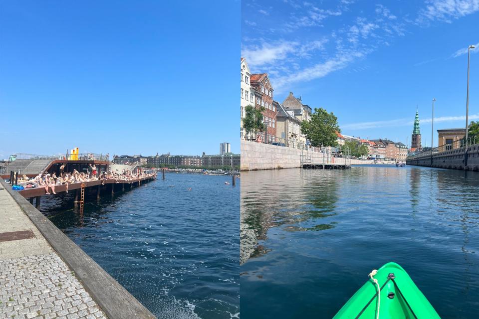 A split image shows a crowd of sunbathers on a boardwalk on Copenhagen Harbor (left); a view from a GreenKayak boat on a Copenhagen canal, including the green spire of the former St. Nicholas Church (right).