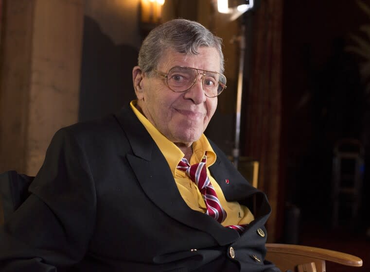 FILE - In this April 12, 2014 file photo, actor and comedian Jerry Lewis poses during an interview at TCL Chinese Theatre in Los Angeles. A publicist for Lewis says the comedian is recovering after being treated at a Las Vegas hospital for a urinary tract infection. The 91-year-old comedian was taken to the hospital on Friday, June 2, 2017, so that he could get antibiotics immediately to treat the condition. Publicist Candi Cazau says he is doing fine and is expected to be released shortly. (Photo by Dan Steinberg/Invision/AP, File)