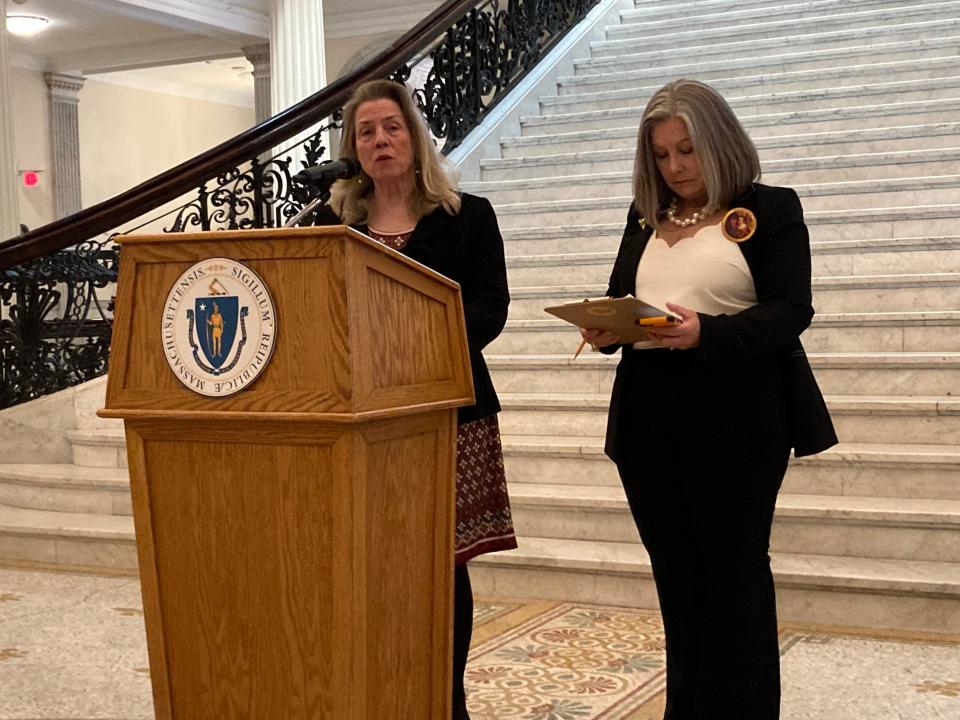Moderators of the ceremony remembering Massachusetts' missing, murdered and exploited children, from left, AnnMarie Mires, director of forensic criminology at Anna Maria College in Paxton; and Melanie Perkins McLaughlin of Medford and director of the documentary "Have You Seen Andy" discuss the need for the legislation they want to see enacted.