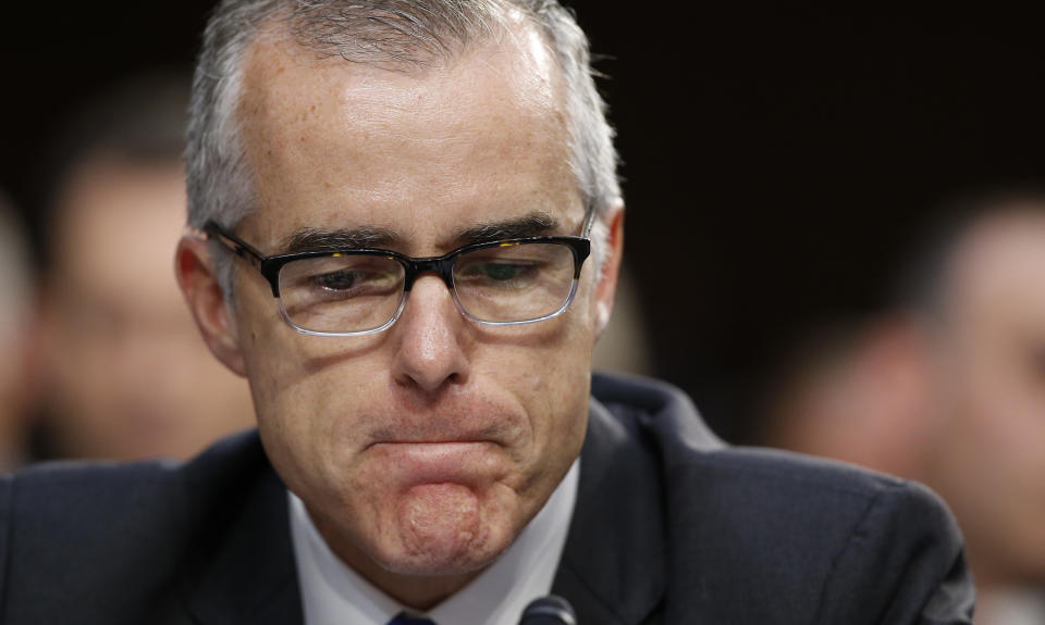 FBI acting director Andrew McCabe pauses during a Senate Intelligence Committee hearing. (AP Photo/Alex Brandon)                                                                                                                                                    