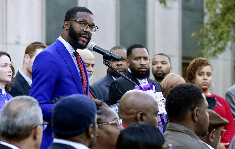 Image: Birmingham Mayor Randall Woodfin speaks at a vigil in Alabama on Oct. 23, 2019. (Joe Songer / The Birmingham News via AP file)