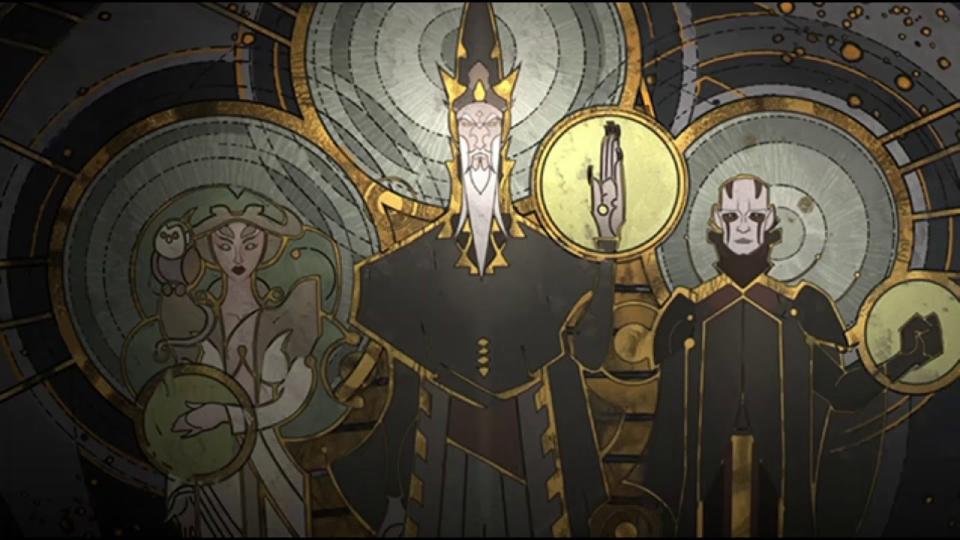 A mural of Daughter, Father, and Son in "The Mystery of Mortis"