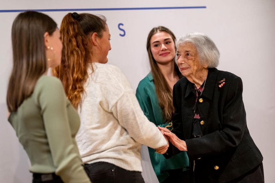 Margot Friedländer, Holocaust survivor, congratulates students who won a prize in her name, awarded for work against antisemitism. <a href="https://www.gettyimages.com/detail/news-photo/november-2022-berlin-margot-friedl%C3%A4nder-holocaust-survivor-news-photo/1245182265?phrase=holocaust%20survivor&adppopup=true" rel="nofollow noopener" target="_blank" data-ylk="slk:Fabian Sommer/picture alliance via Getty Images;elm:context_link;itc:0;sec:content-canvas" class="link ">Fabian Sommer/picture alliance via Getty Images</a>