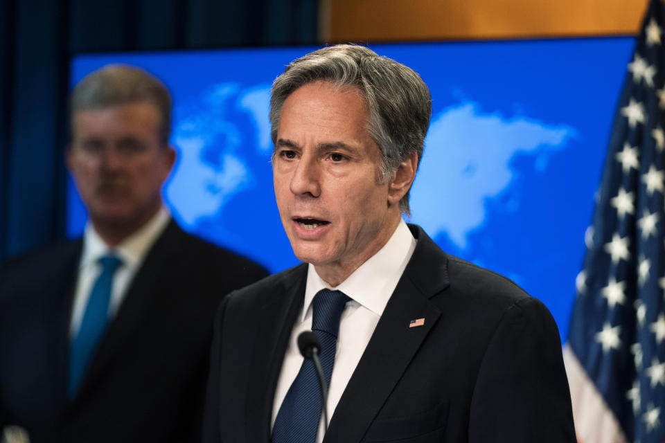 Secretary of State Antony Blinken speaks about the release of the 2021 Congressional Report Pursuant to the Elie Wiesel Genocide and Atrocities Prevention Act at the State Department in Washington, Monday, July 12, 2021. (AP Photo/Manuel Balce Ceneta, Pool)