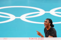 United States' Foluke Akinradewo Gunderson reacts during a training session with the volleyball team at the 2020 Summer Olympics, Thursday, July 22, 2021, in Tokyo, Japan. A third trip to the Olympics was far from a sure thing for Gunderson when she gave birth to her first son in November 2019. But Gunderson had set a goal of being both a mother and professional athlete and took advantage of the delayed Olympics to make it back again this year in search of that elusive gold medal. (AP Photo/Manu Fernandez)